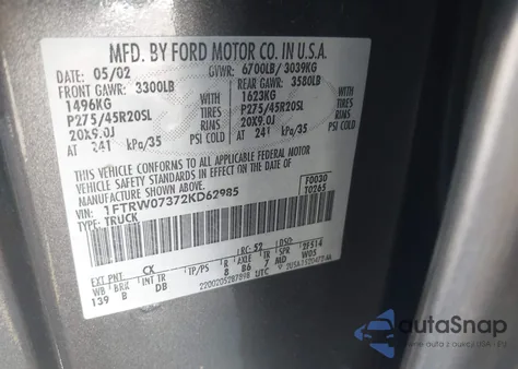 2002 Ford F-150 Lariat from USA, damaged, VIN 1FTRW07372KD62985